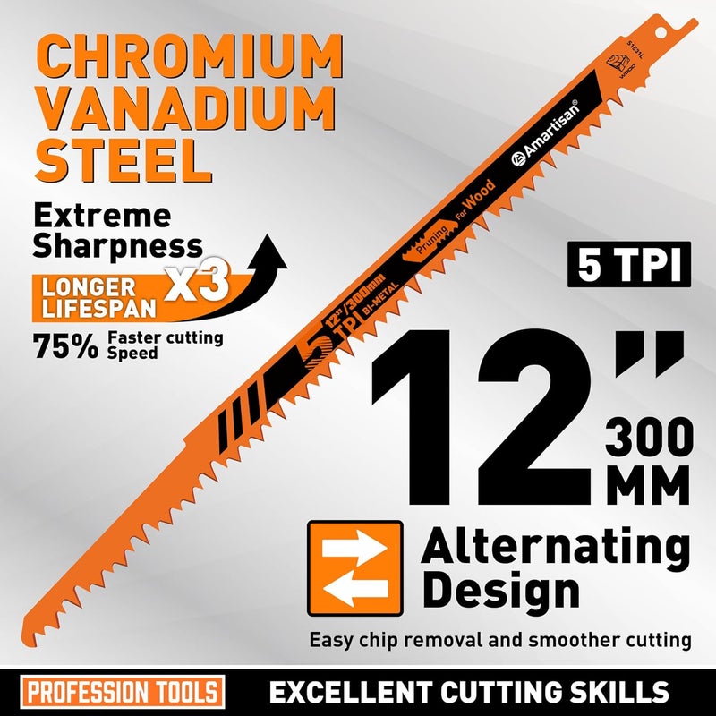 Amartisan 5-Piece 12 Inch 5TPI Durable High Carbon Steel Reciprocating Saw Blade for Wood Cutting and Tree Pruning - Image 2